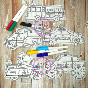 Civil Service Vehicles Dry Erase Coloring Set ITH 5x7