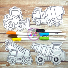 Construction Vehicles Dry Erase Coloring Set ITH 5x7