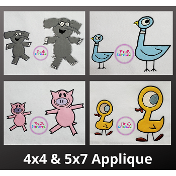 Elephant, Pigeon, Piggie and Duckie Applique Set