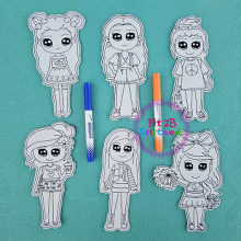 Kawaii Girls Dry Erase Coloring Dolls Set 1 ITH 5x7