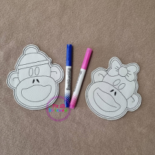 Sock Monkey Head Boy and Girl Dry Erase Coloring Set ITH