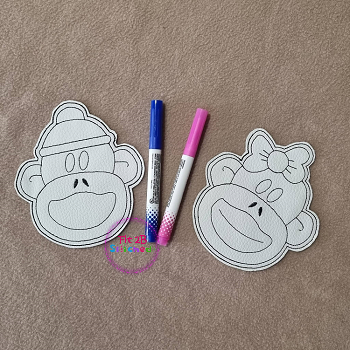 Sock Monkey Head Boy and Girl Dry Erase Coloring Set ITH